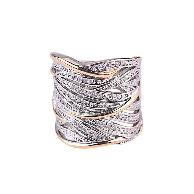 Multi-layer Gold Two-tone Ring High Quality Simulation Crystal Silver Color Wedding Rings For Women Bagues Pour Femme